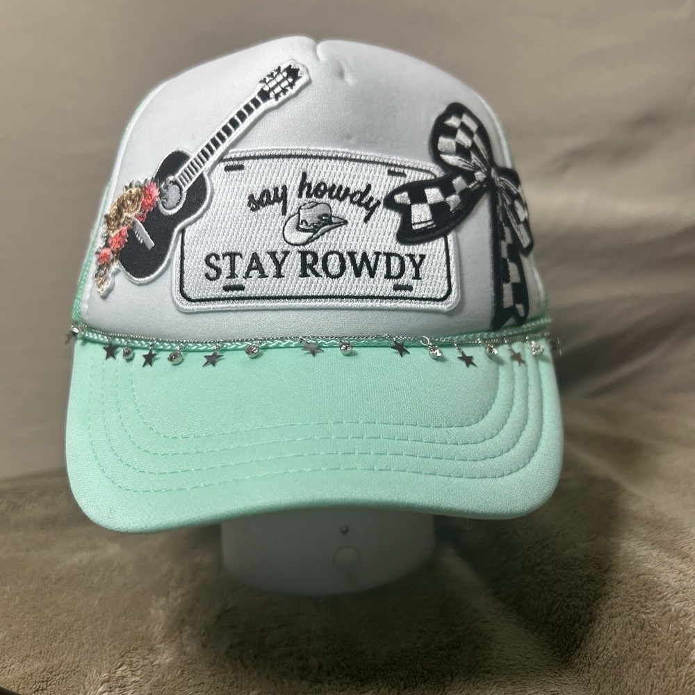 Honky Tonk Party Shop Say Howdy Stay Rowdy Trucker Hat Mint Green Star Fringe